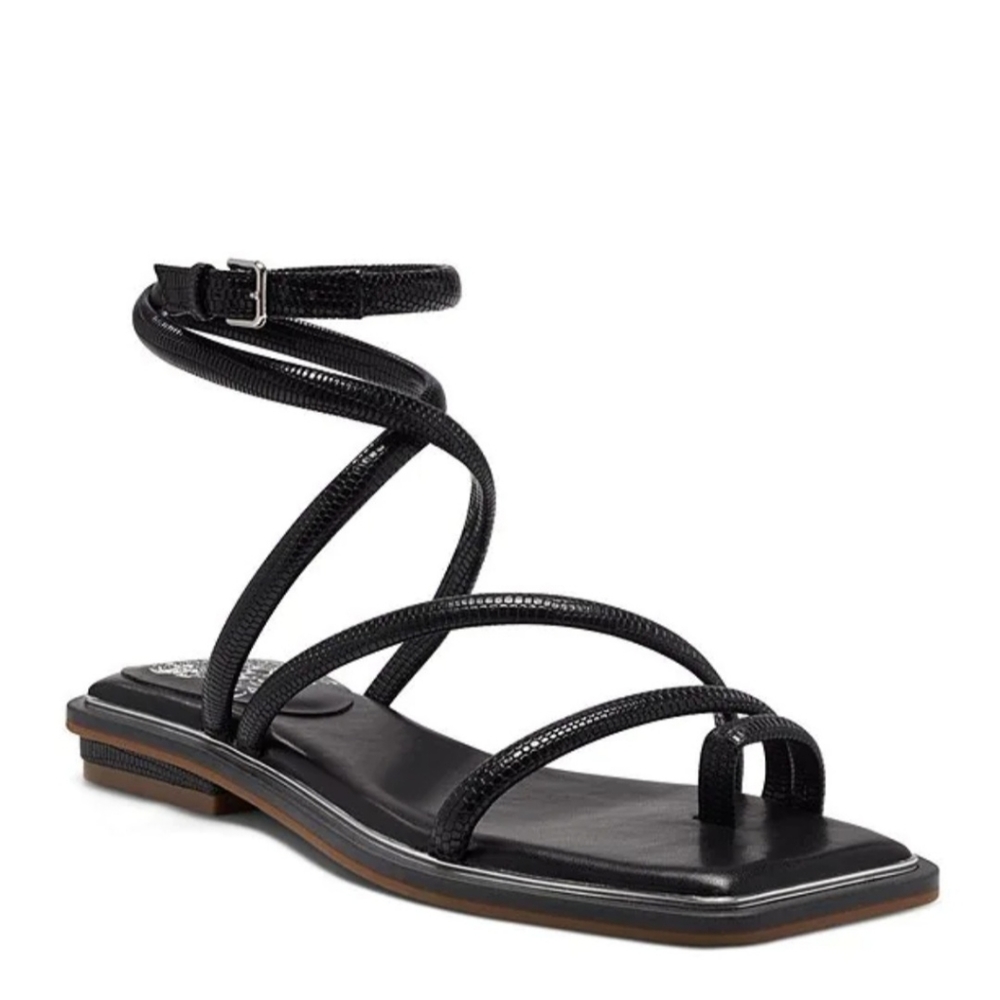 Vince Camuto Pertema Leather Embossed Ankle Strap Flat Sandals - Picture 1 of 8